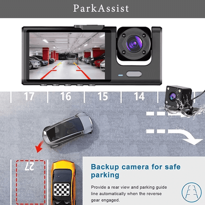Three-Way DVR Dash Camera – Front, Rear & Interior Car Recorder