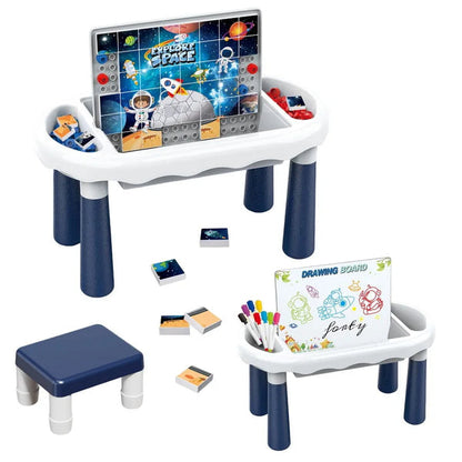 Kids Activity Table with Building Blocks and Drawing Board
