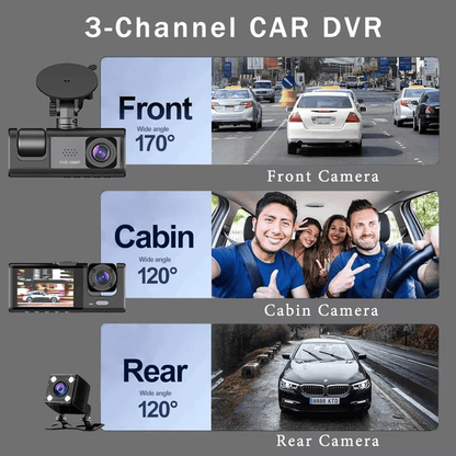 Three-Way DVR Dash Camera – Front, Rear & Interior Car Recorder